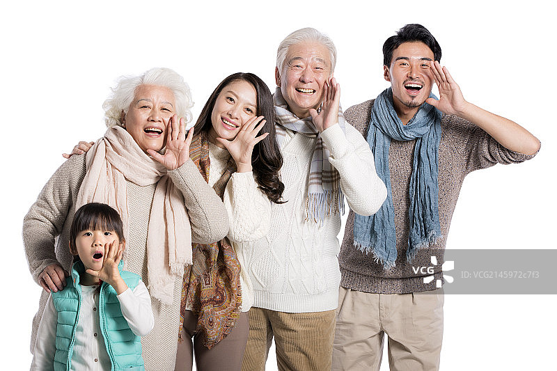 一起大喊的五口之家图片素材