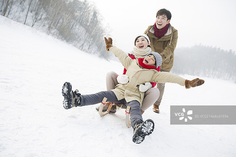 快乐的一家人在雪地上玩雪橇图片素材