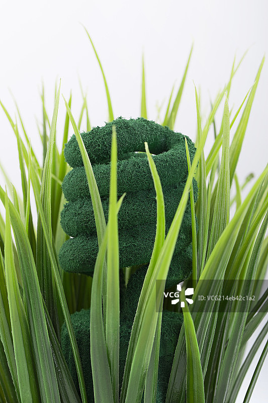 长在绿植里的节能灯泡图片素材
