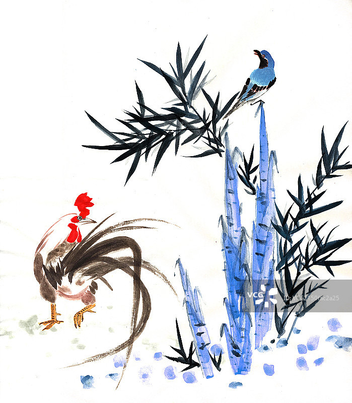 国画--竹笋、鸟图片素材