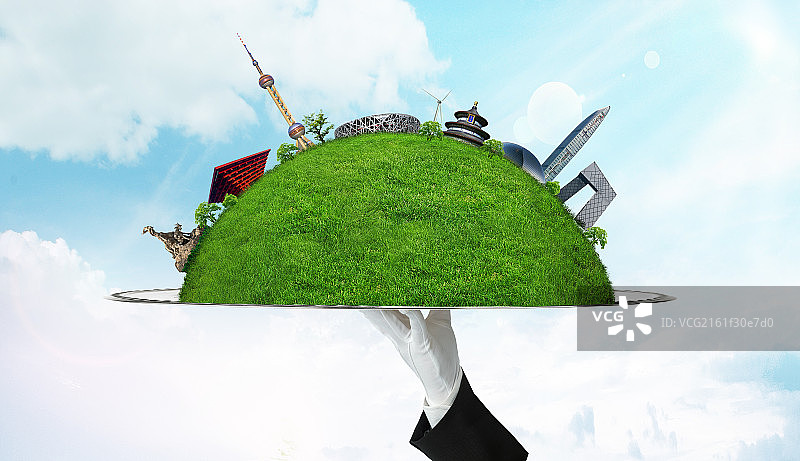 服务员托盘上的城市建筑图片素材