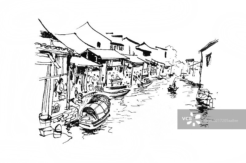 钢笔速写系列水上市场图片素材