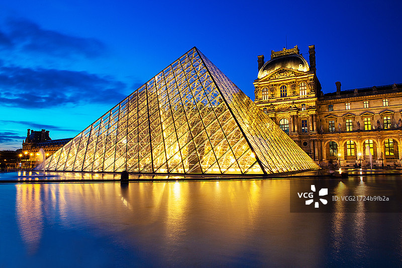 Louvre museum at dusk, Paris, France图片素材