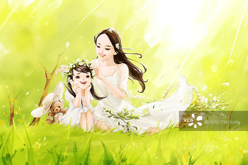草地上的快乐母女图片素材