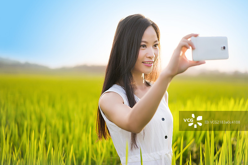 亚洲女子在稻田里图片素材