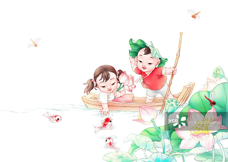 荷塘戏水胖娃娃图片素材