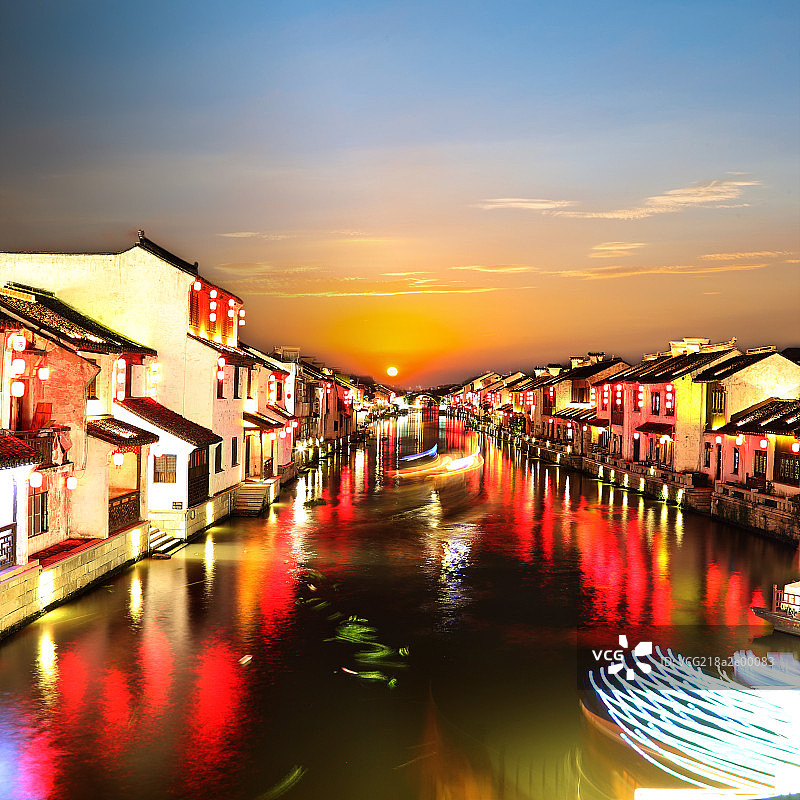 古运河水乡小镇日落风景图片素材