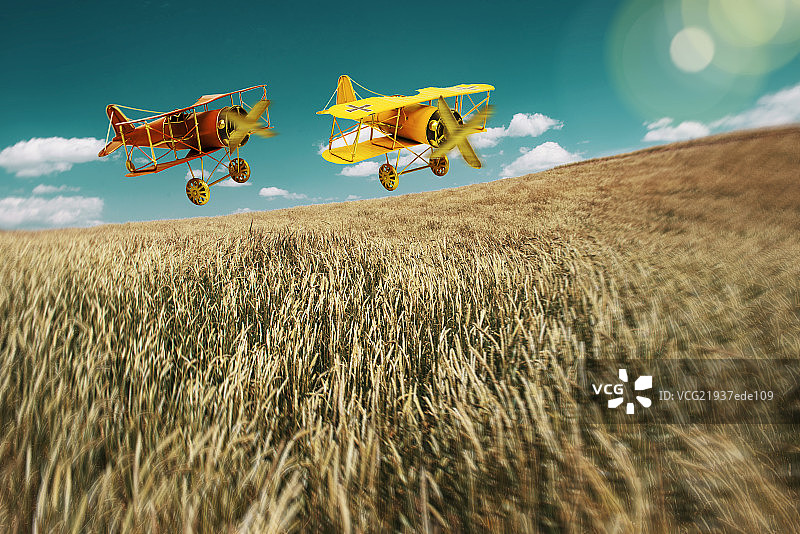 田园上空的小飞机图片素材