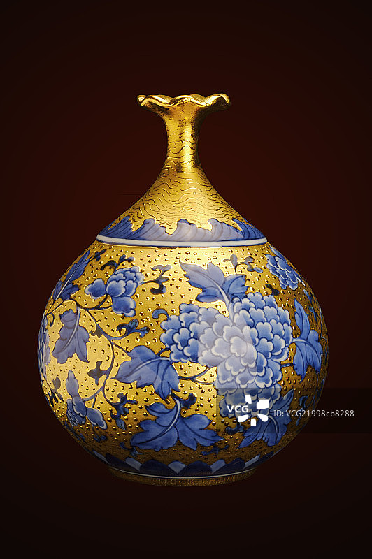 西施瓶,青花描金釉,莺歌,陶器,图片素材