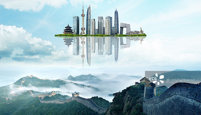 合成图-城市建筑与长城图片素材