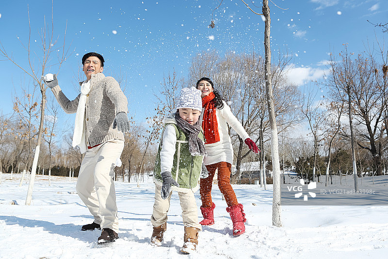 一家三口在雪地上打雪仗图片素材