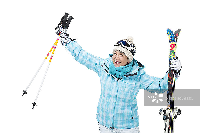 快乐的老年人冬季滑雪图片素材
