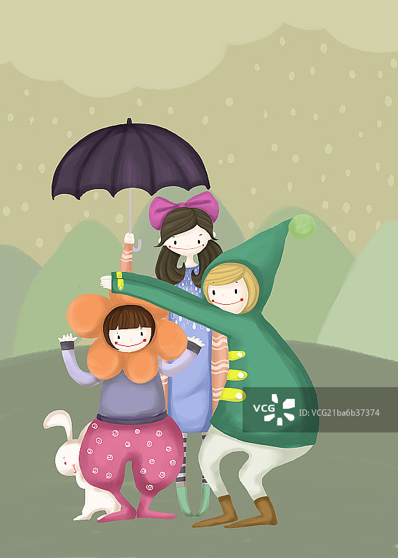 雨天三人图片素材