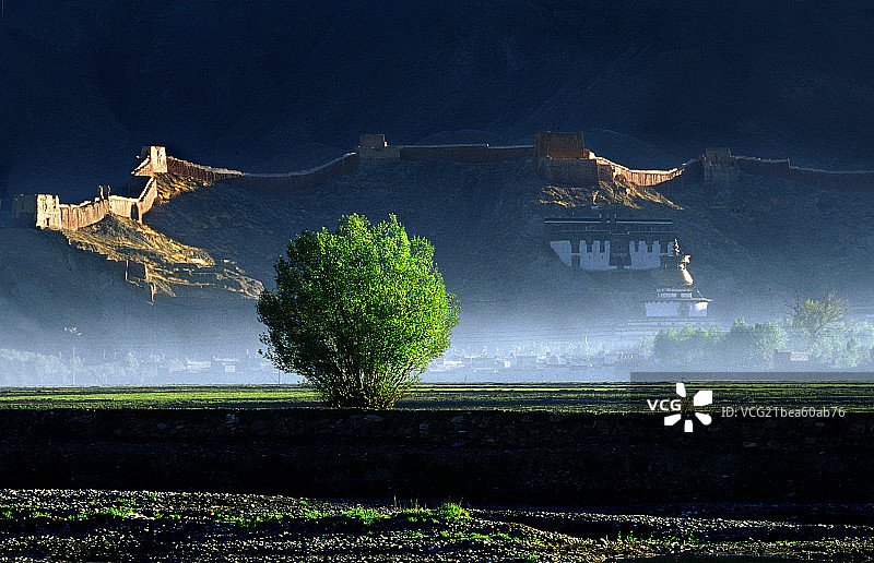 晨雾中的西藏江孜古堡图片素材