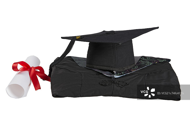 白色背景下的学士帽 毕业证书 学士服图片素材