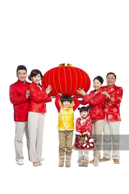 棚拍节日气氛中的唐装一家人团聚图片素材