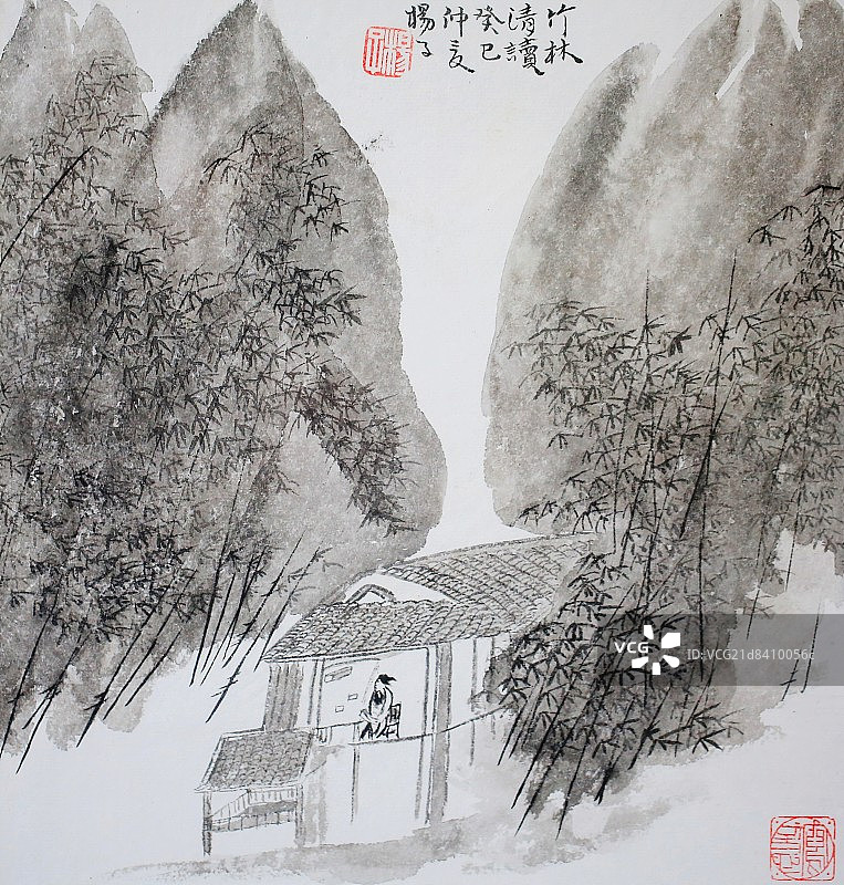 国画竹林清读图片素材