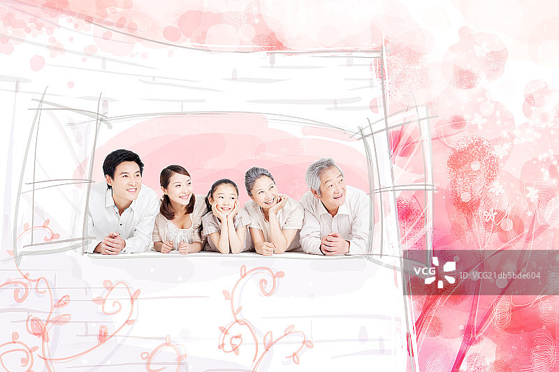 一家人在窗口眺望图片素材