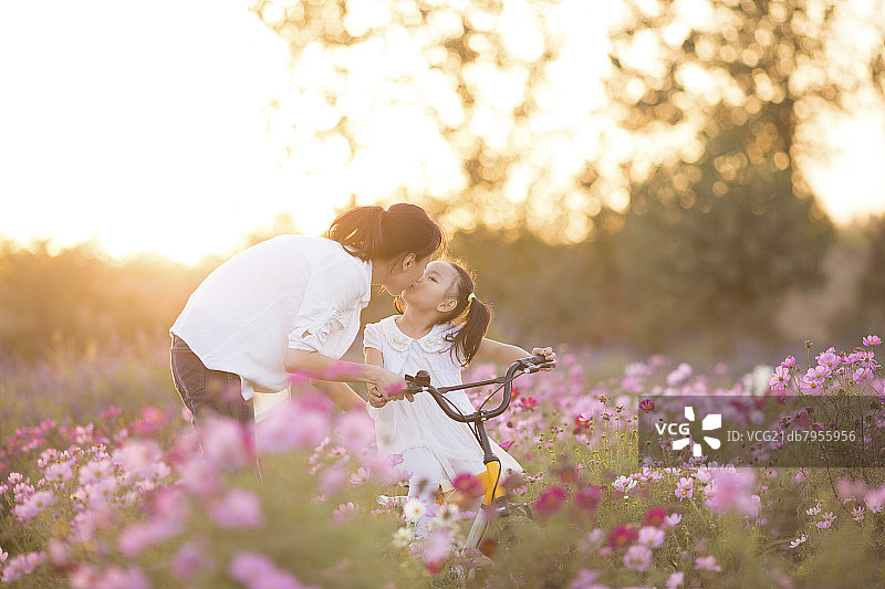 年轻的妈妈在花园教女儿骑自行车图片素材