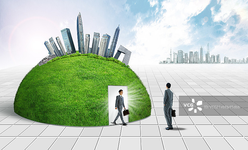 商务男士与城市建筑合成片图片素材