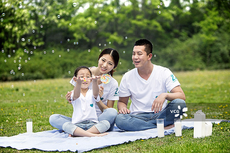 正在户外野餐的一家三口图片素材