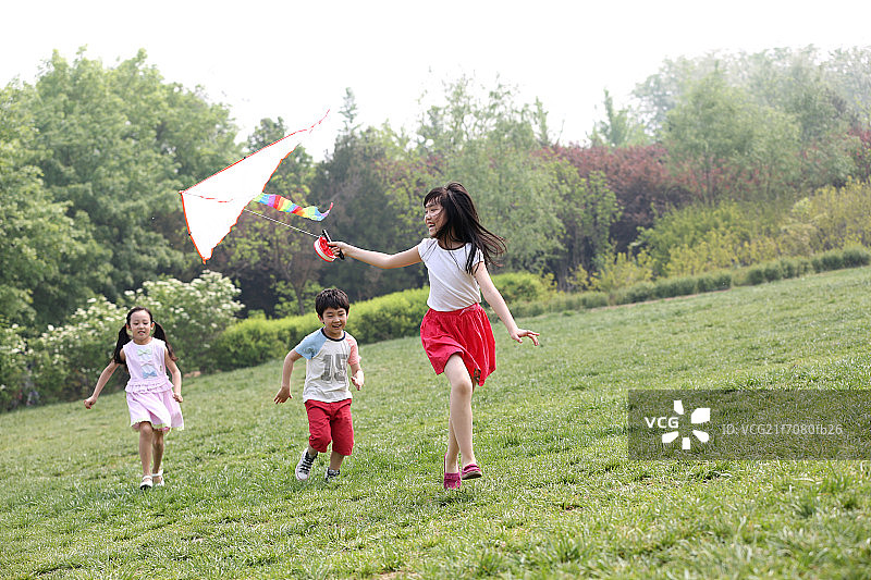 欢乐的儿童在草地上放风筝图片素材