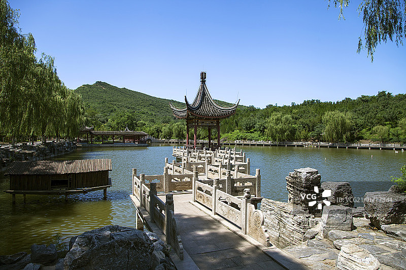 中国古典园林建筑九曲桥和亭子图片素材