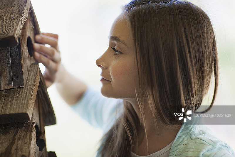 孩子在门廊上观察昆虫盒图片素材