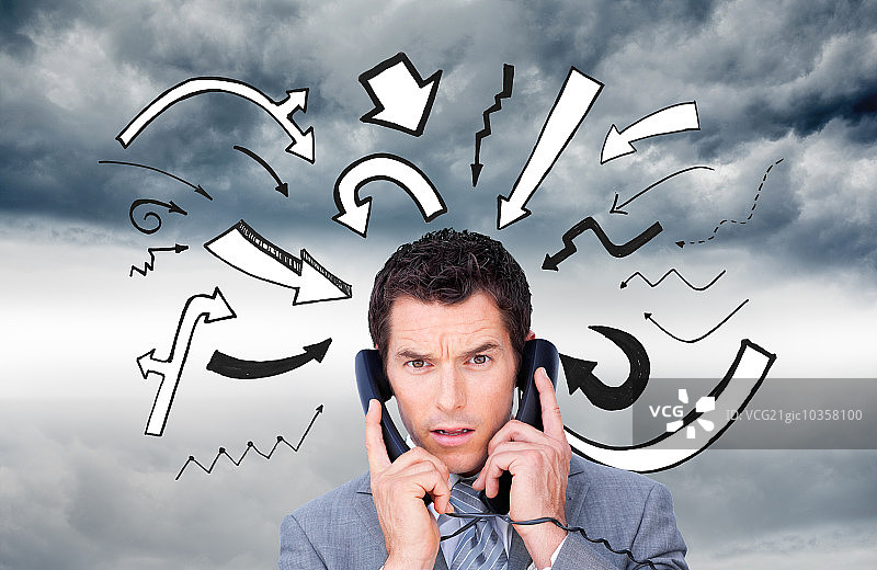 被电话线缠绕的愤怒商人合成图图片素材