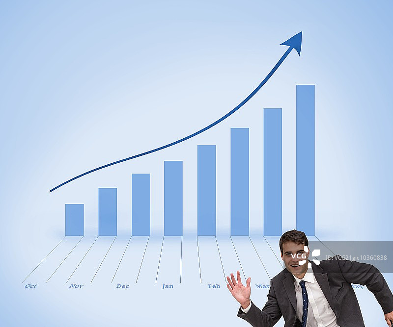 快乐的商务人士在蓝色背景前微笑挥手的合成图像图片素材