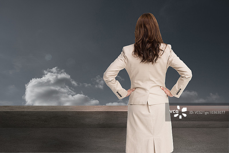商务女士背对镜头叉腰站立的合成图像图片素材
