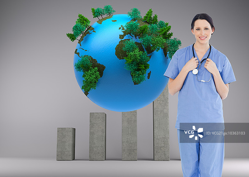 自信的年轻实习医生身穿蓝色短袖制服合成图图片素材