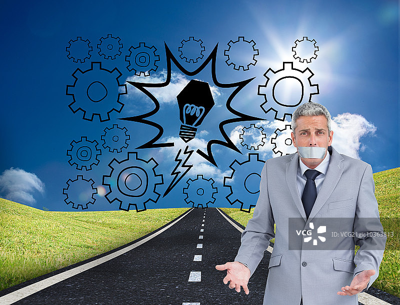 嘴上贴着胶带的商人合成图像图片素材