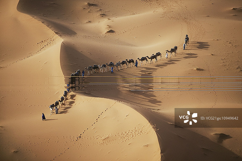 沙漠日落，骆驼商队在迷人阴影中走向下一站图片素材