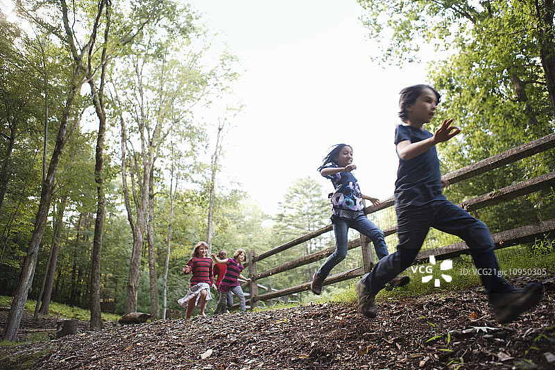 三个孩子在农场周围玩耍，在有木栅栏的围场里奔跑图片素材