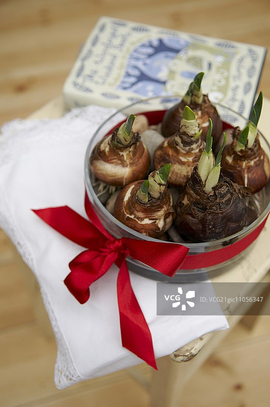 木凳上白色布上的红色缎带玻璃碗灯泡图片素材