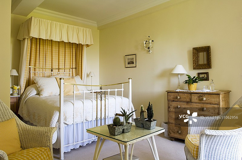 乡村风格卧室，黄色墙壁和白色黄铜架子床与天篷图片素材