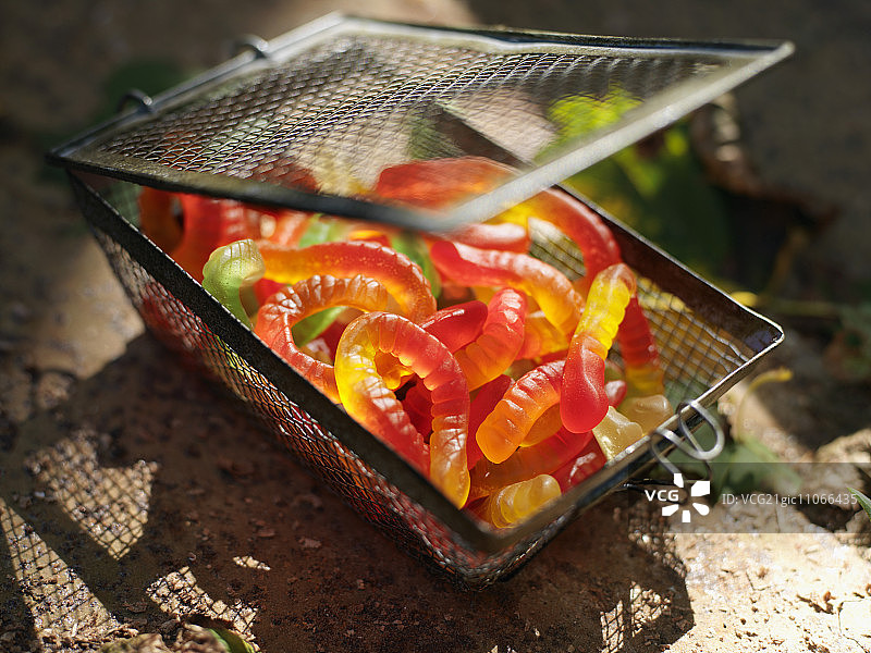 金属篮子里的软糖蠕虫图片素材