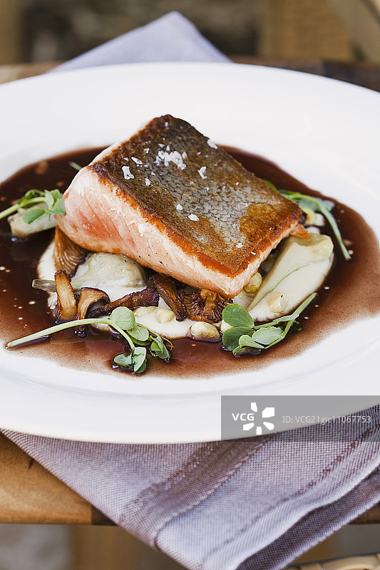 北极红点鲑配蘑菇土豆泥和浓缩酱汁图片素材