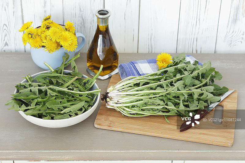 新鲜的蒲公英和橄榄油图片素材