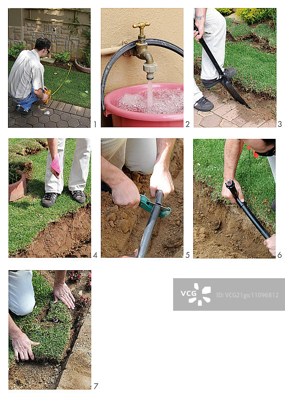 花园里正在安装喷水灌溉系统图片素材