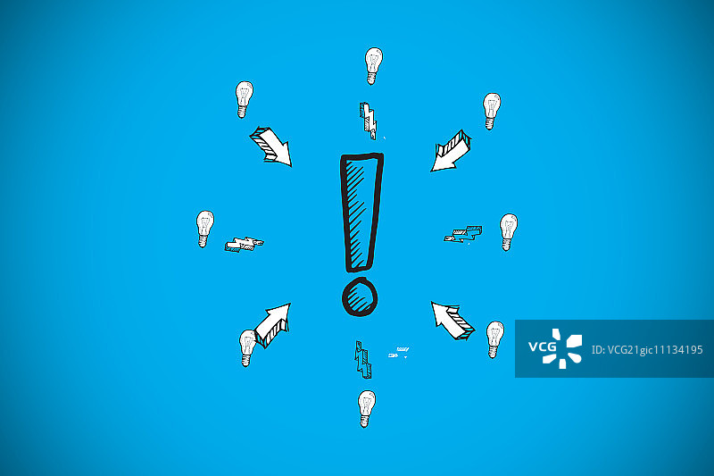 蓝色背景上的手绘感叹号涂鸦图片素材