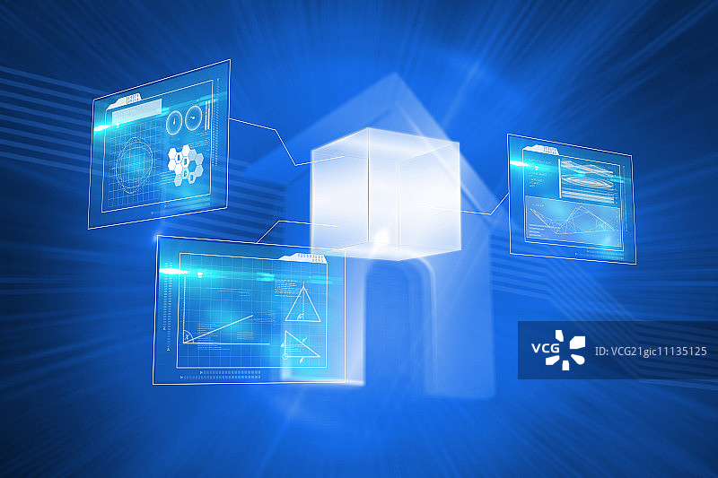 蓝色背景上闪亮房屋的技术界面图片素材