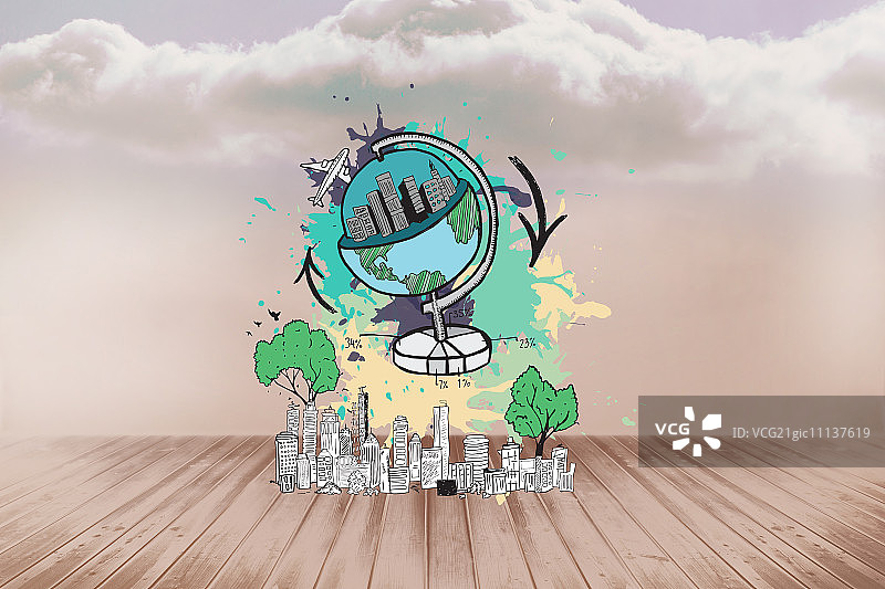 房间云朵背景上的全球旅游概念图片素材