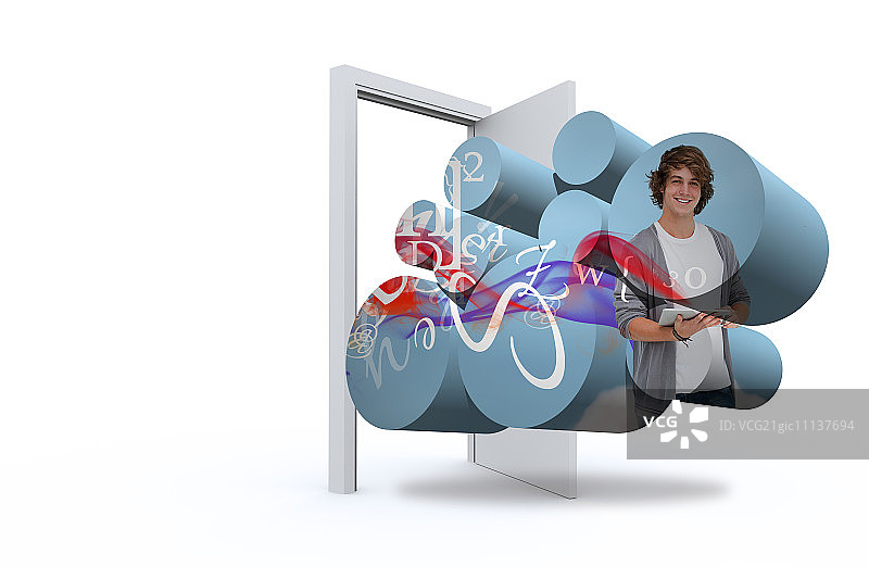 在抽象屏幕前，对着打开的门使用平板电脑的学生图片素材