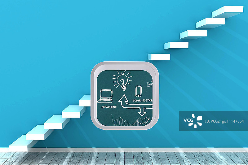 抽象屏幕上的头脑风暴与蓝色房间里的台阶图片素材