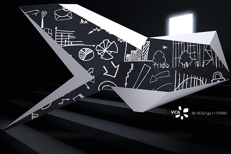 抽象屏幕上的头脑风暴与通往黑暗中光明的阶梯图片素材