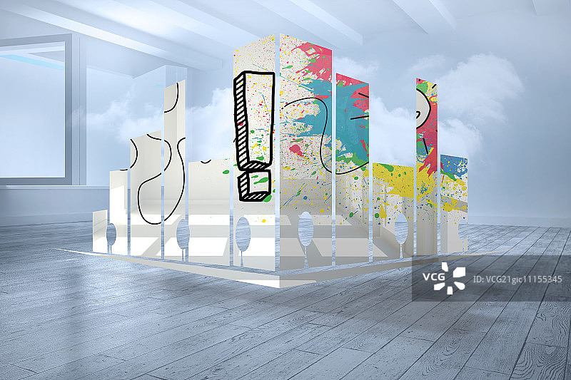 抽象屏幕上的感叹号与全息云房间图片素材