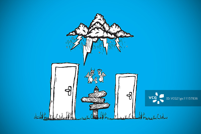 蓝色背景下的决策涂鸦图片素材