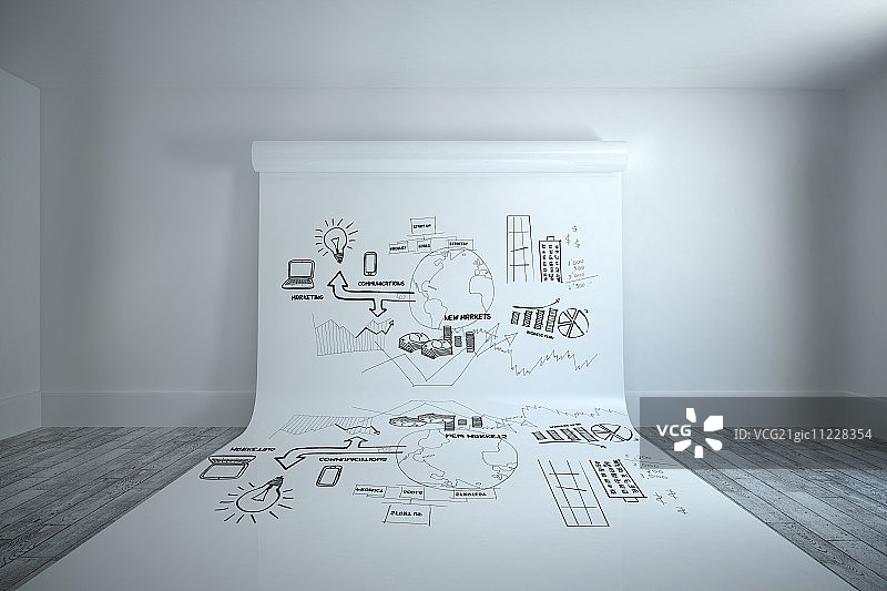 挂在墙上的大型白色屏幕上的头脑风暴图图片素材